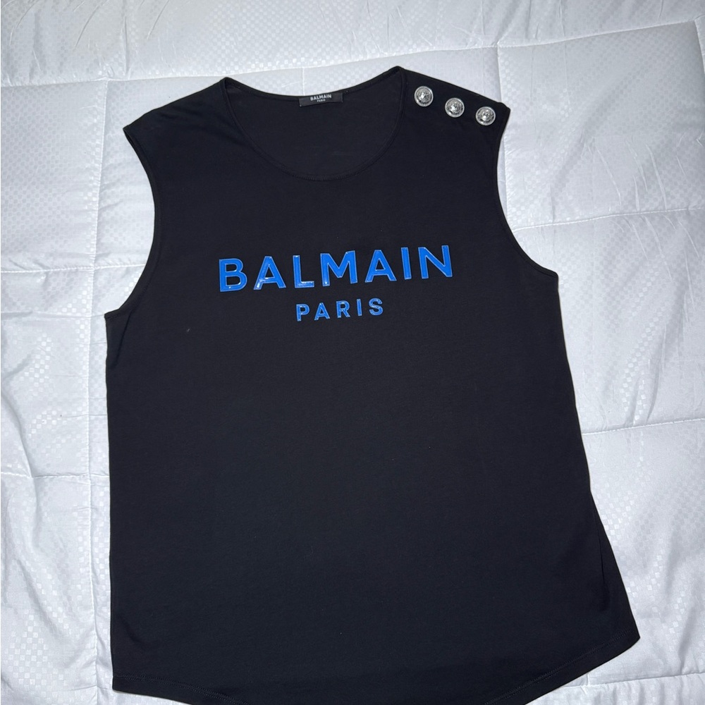 Balmain Black Top with Blue Accents